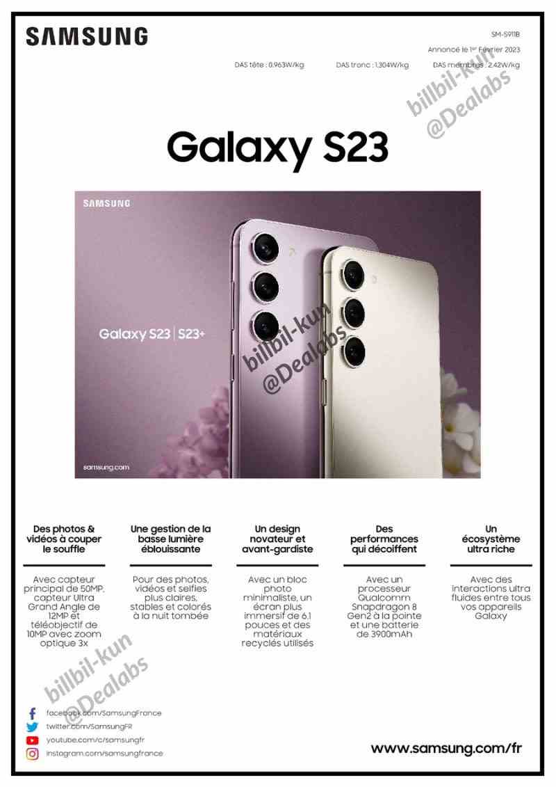 Durchgesickerte Datenblätter von Samsungs kommendem S23 und S23 Plus.