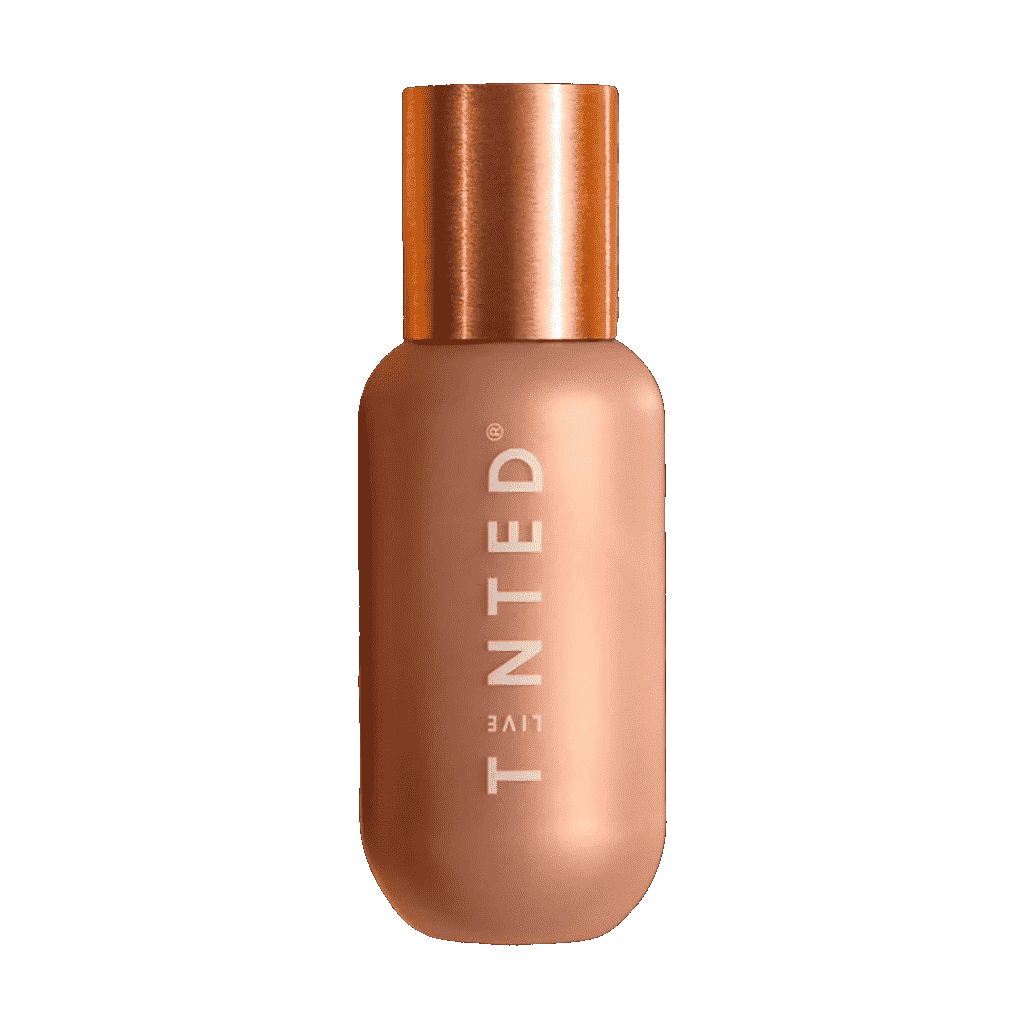 Live getönte Hueglow-Bronzeflasche mit glänzender Bronzekappe auf weißem Hintergrund