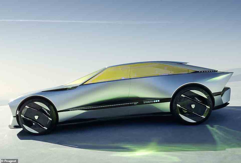 Glass act: This is the Peugeot Inception concept car - an all-electric vehicle with a huge glass cockpit panel measuring in at 7.25 square metres