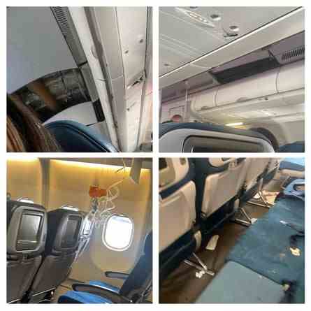 Vier Bilder von kleineren Schäden am Flugzeug und eingesetzten Sauerstoffmasken