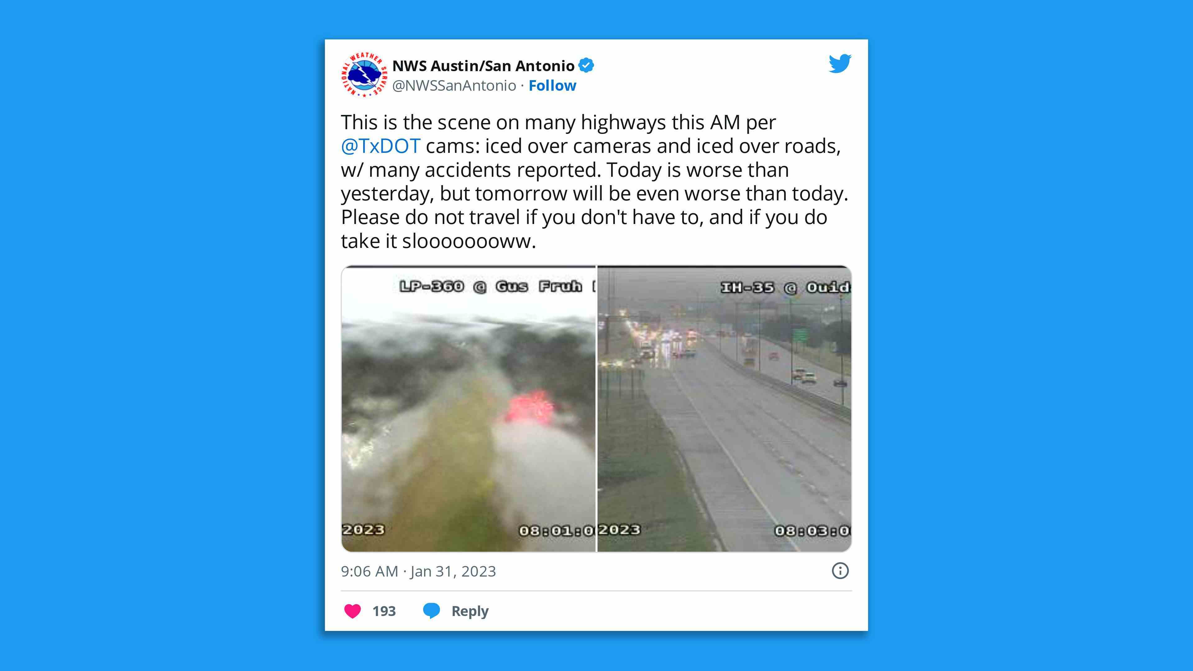 Ein Screenshot von eisbedeckten Verkehrskameras in Texas.