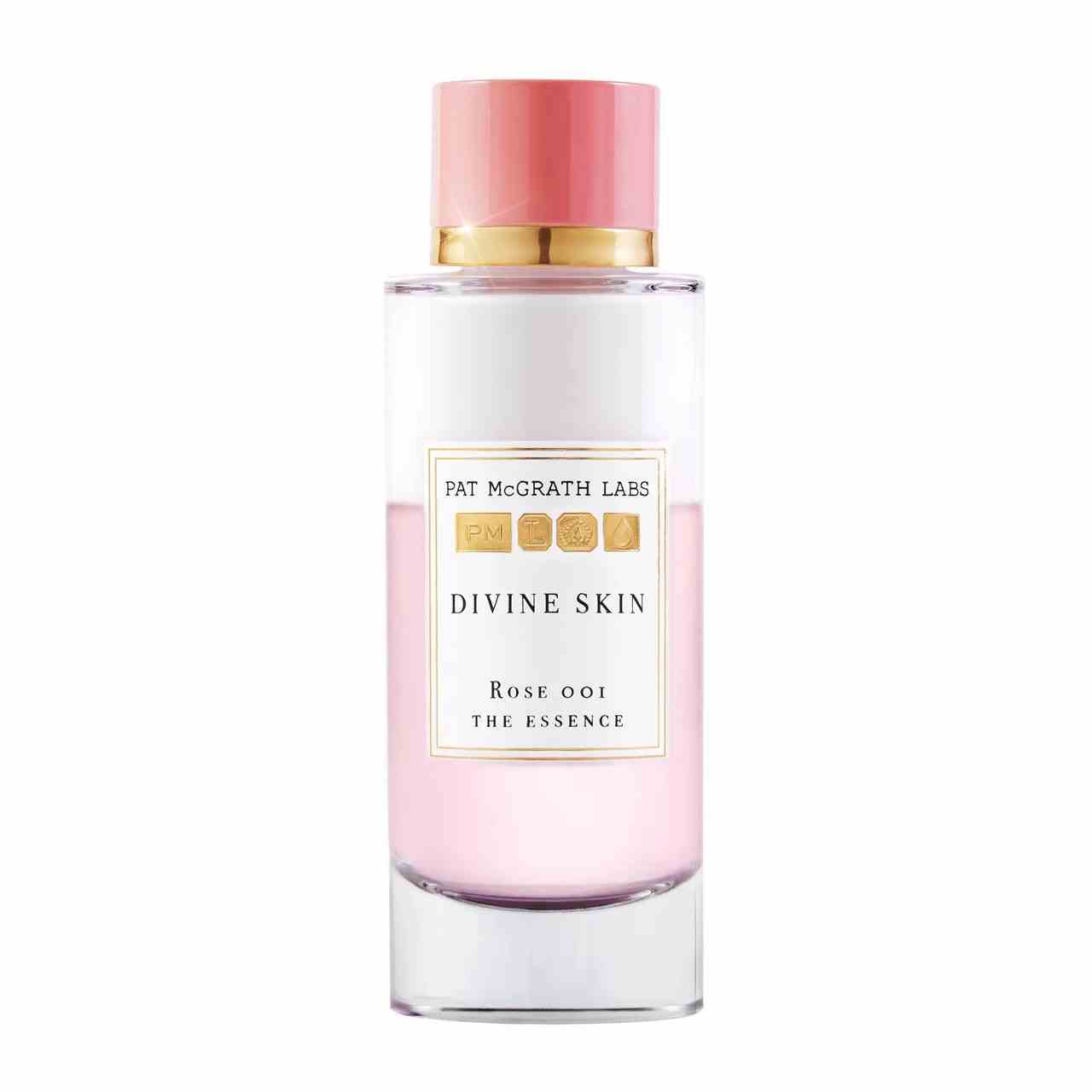 Pat McGrath Labs Divine Skin Rose 001 Essenzflasche mit rosa und weiß getrennter Essenz mit rosa und goldener Kappe auf weißem Hintergrund