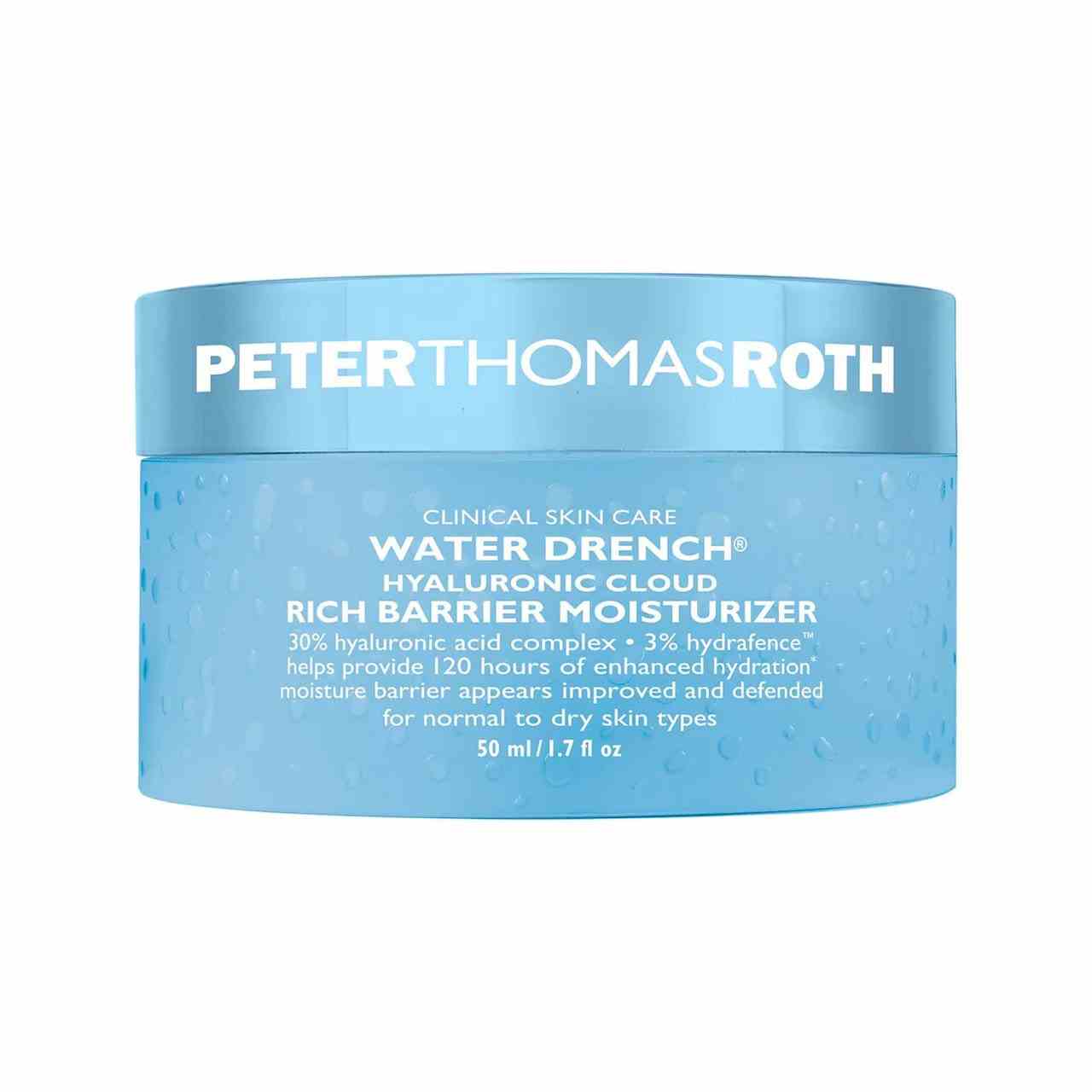 Peter Thomas Roth Water Drench Hyaluronic Cloud Rich Barrier Moisturizer hellblaues Glas auf weißem Hintergrund