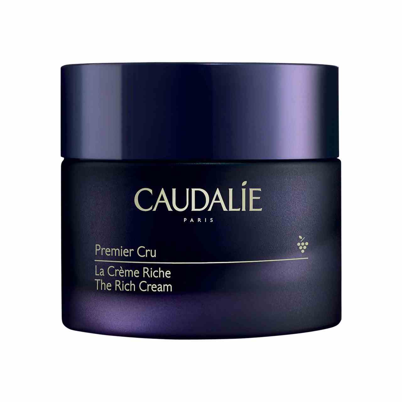Caudalie Premier Cru The Rich Cream dunkelviolettes blaues Glas auf weißem Hintergrund