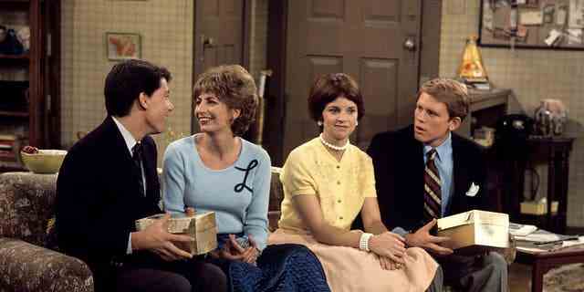 The 73-year-old actor starred as Warren "Potsie" Weber, left, in the hit 1970s sitcom while Cindy Williams, second from right, originated the role of Shirley Feeney during a cameo appearance on the show, leading to the successful spinoff series "Laverne &amp; Shirley."