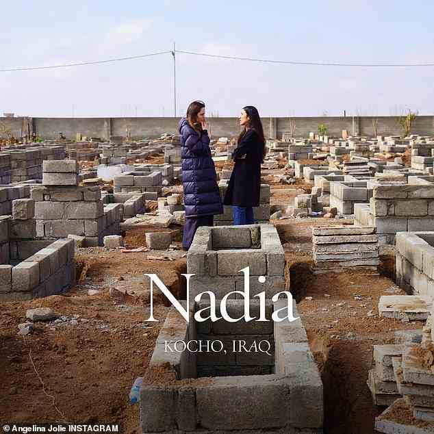 Krieg zerrissen: Die Oscar-Preisträgerin hat mehrere Bilder auf ihrer Instagram-Seite gepostet, als sie enthüllte, was sie im Land getan hat;  eine ihrer Stationen war in Kocho mit ihrer Freundin Nadia