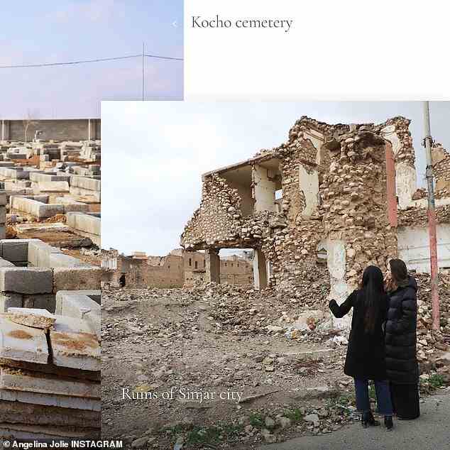 Was die Bomben angerichtet haben: Jolie schaut mit ihrer Freundin auf die Ruinen der Stadt Sindschar