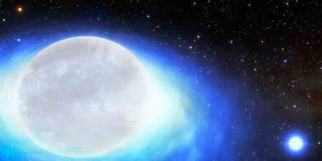 Eine künstlerische Darstellung der ersten bestätigten Entdeckung eines Sternensystems, das eines Tages eine Kilonova bilden wird – die ultrastarke, Gold produzierende Explosion, die durch verschmelzende Neutronensterne entsteht.