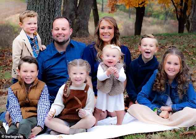 Jurors during the trial heard testimony that Josh and Anna, pictured with six of their seven young children, subscribed to a service in 2013 called Covenant Eyes that monitors adult internet use and would report 'objectionable material' to Anna