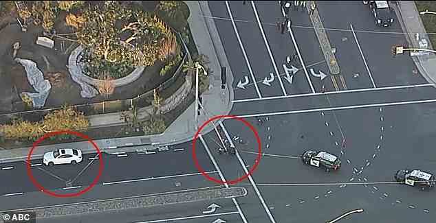 Luftaufnahmen zeigen, wo der weiße Lexus in den Radfahrer raste und ein paar hundert Meter entfernt geparkt blieb