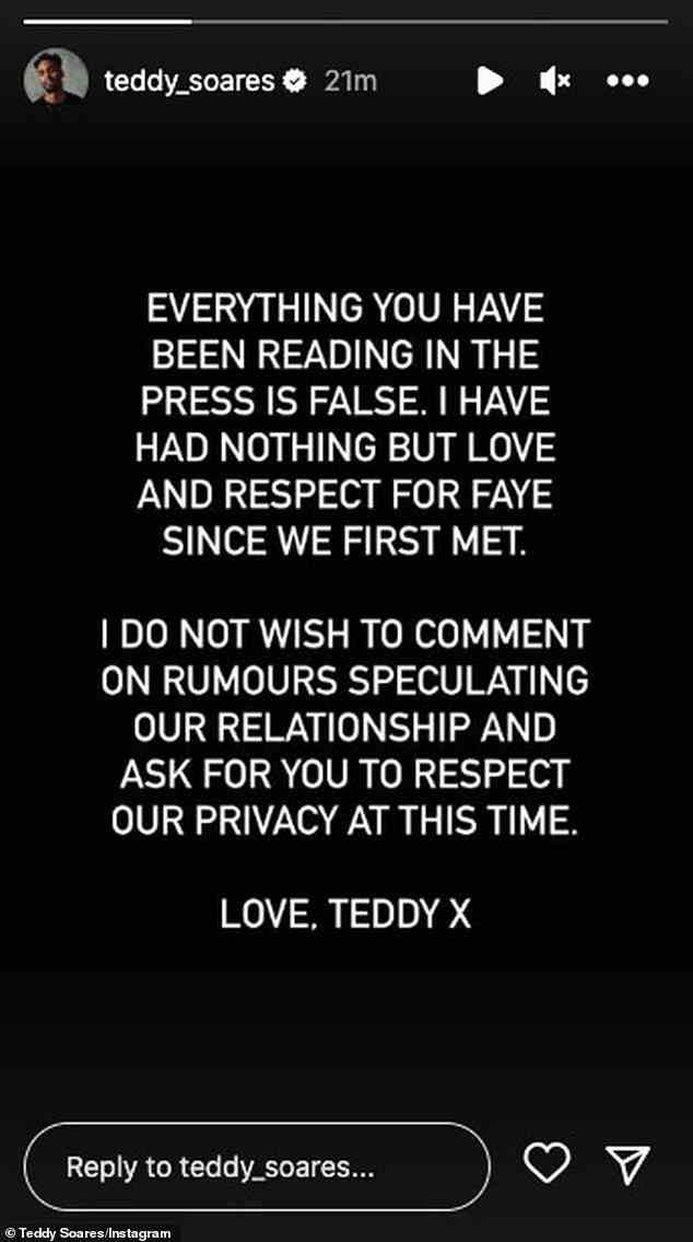 „Nichts als Liebe“: Teddy nahm am Samstag seine Instagram-Geschichte auf, hielt aber seine Karten nah an seiner Brust, als er sagte, er habe „nichts als Respekt“ für die atemberaubende Blondine