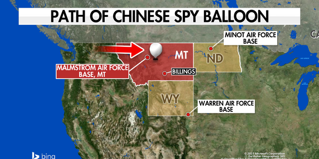 Die Karte zeigt den ungefähren Weg eines chinesischen Überwachungsballons über Montana, Freitag, 3. Februar 2023.
