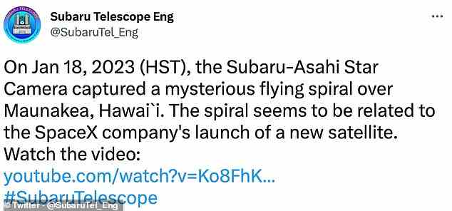 „Am 18. Januar 2023 (HST) hat die Subaru-Asahi Star Camera eine mysteriöse fliegende Spirale über Maunakea, Hawaii, aufgenommen“, twitterten Beamte des Subaru-Teleskops vom National Astronomical Observatory of Japan
