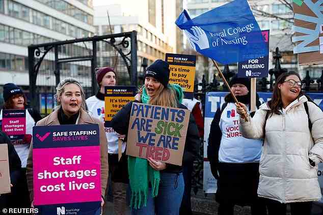 Nurses at St Thomas' Hospital in London join picket lines on February 6