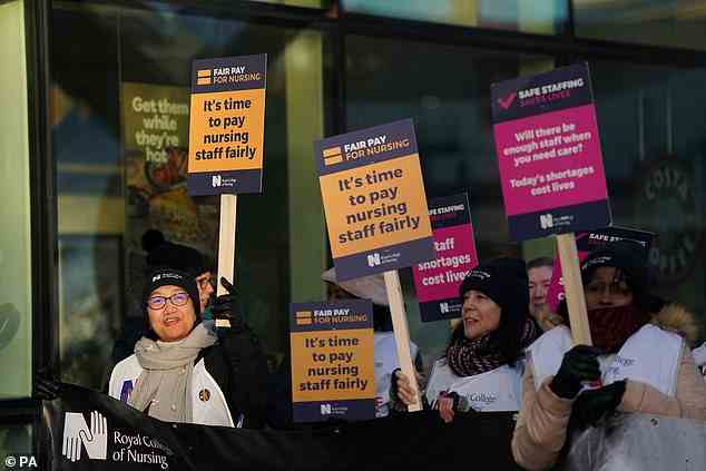 NHS staff striking outside Queen Elizabeth hospital in Birmingham on February 6