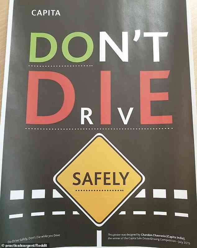 Diese Anzeige von Capita India ist unglaublich verwirrend, da sie so viele Bedeutungen hat, aber sie soll lauten: „Fahren Sie sicher, sterben Sie nicht“.