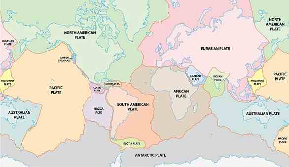 The Earth has fifteen tectonic plates (pictured) that together have molded the shape of the landscape we see around us today