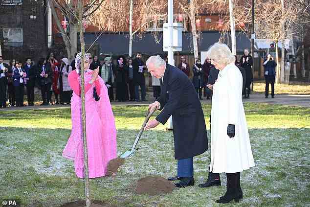 King Charles und Camilla pflanzten während ihres Besuchs auch einen Baum, während die Einheimischen zuschauten und applaudierten