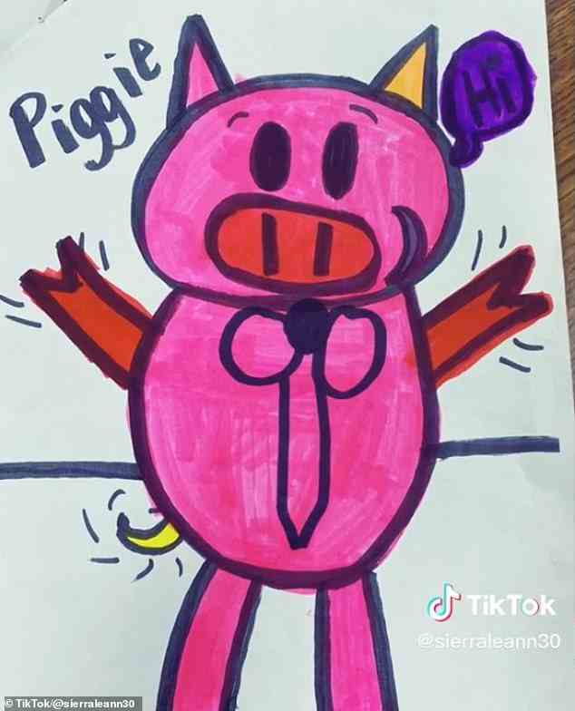 Sierras Tochter hatte ein farbenfrohes Meisterwerk mit dem Titel Piggie geschaffen, das das Hoftier darstellte, das mit den Armen winkte, neben einer Sprechblase, auf der einfach stand: „Hi“.