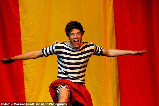 Stage star: He looked worlds away from his best-known role as he strutted around the stage in a striped leotard and red swimming trunks during his student days at Cambridge University