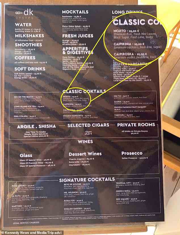 The couple say they believed the cocktails to be $25 each when they looked at the menu (pictured)
