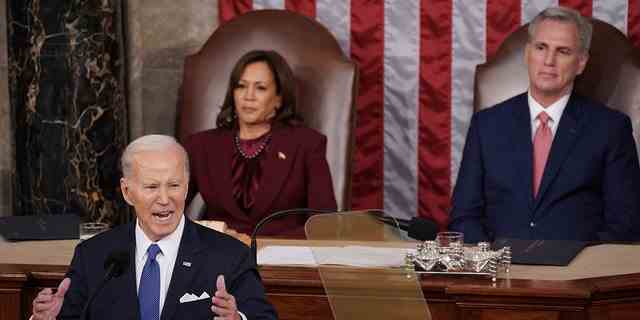 US-Präsident Joe Biden spricht am Dienstag, den 7. Februar 2023, während einer Rede zur Lage der Nation im US-Kapitol in Washington, DC, USA. 