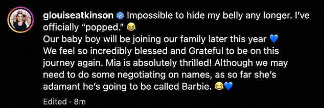 Entzückend: In einer Bildunterschrift sagte Gemma, ihre Tochter Mia, drei, sei „begeistert“ von den Neuigkeiten und scherzte, dass ihr Sohn „Barbie“ genannt wird, wenn es an ihrer Tochter liegt