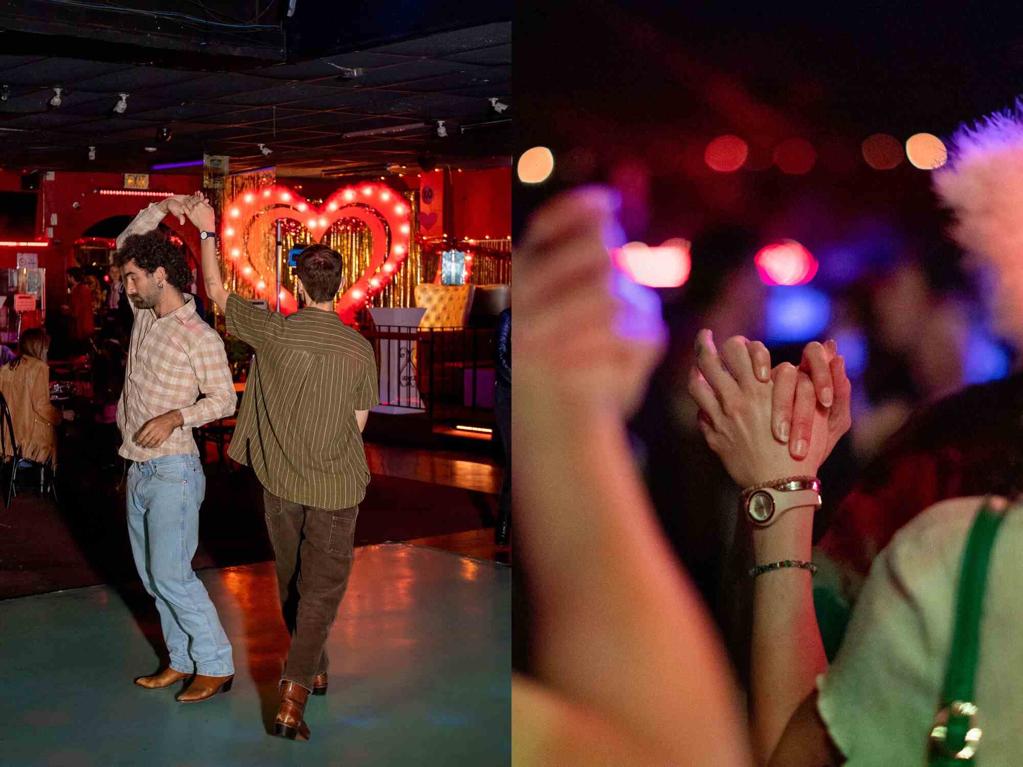 Zwei Fotos nebeneinander, eines zeigt zwei tanzende Menschen und das andere eine Nahaufnahme von zwei Menschen, die sich an den Händen halten.