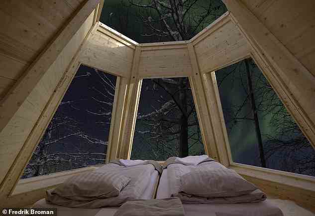 Die Zimmer mit Holzrahmen im Aurora Safari Camp verfügen über raumhohe Fenster und eine Dachplatte, die es Kate ermöglichen, „vom Bett aus direkt in die sternenklaren Tiefen der Nacht zu blicken“.