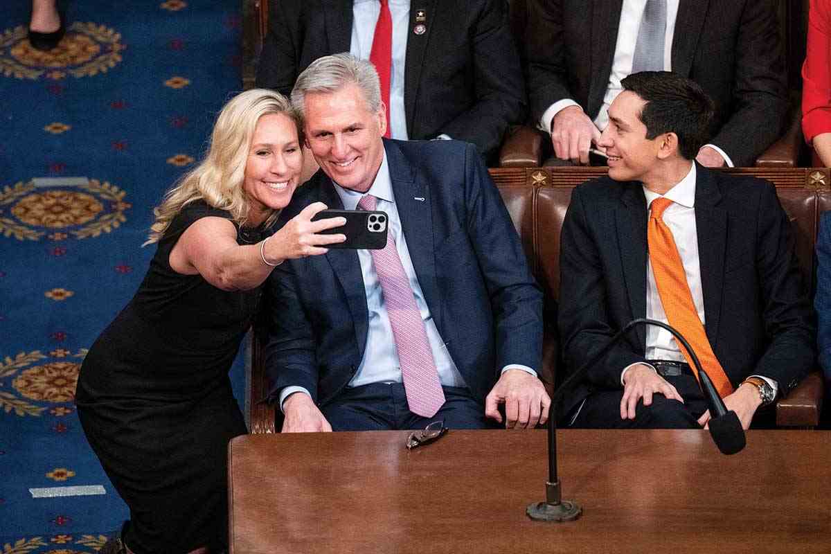 Marjorie Taylor Greene takes a selfie with Republican leader Kevin McCarthy