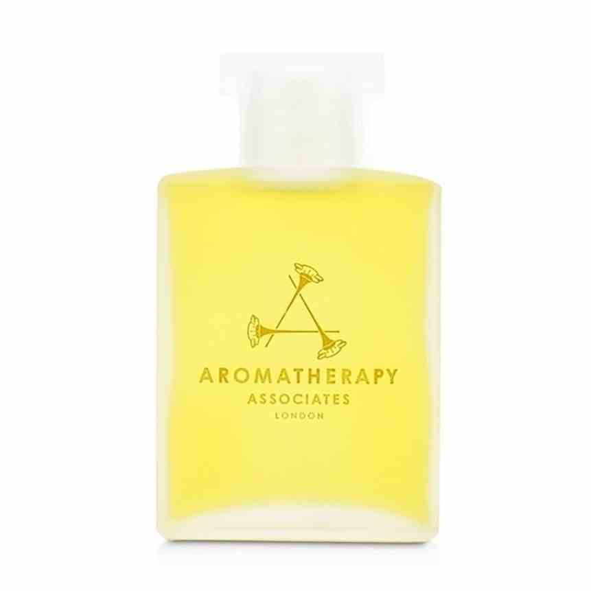 Aromatherapy Associates Support Equilibrium Bath and Shower Oil quadratische Flasche gelbes Badeöl auf weißem Hintergrund
