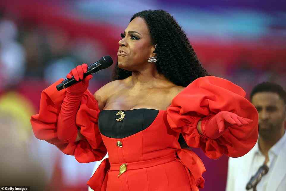 Sheryl Lee Ralph performs Lift Every Voice and Sing prior to Super Bowl LVII between the Chiefs and the Eagles