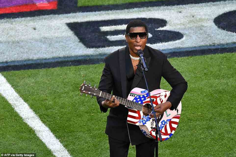 US singer Kenneth 'Babyface' Edmonds performs 'America The Beautiful' ahead of Super Bowl LVII in Glendale, Arizona,