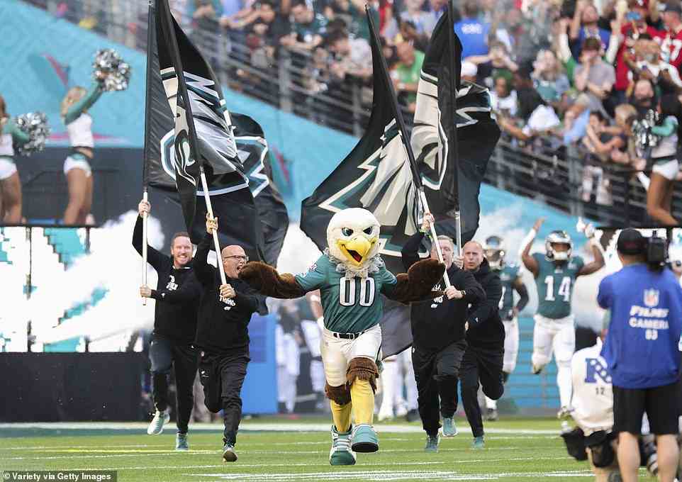 Swoop, the Philadelphia Eagles mascot, runs onto the field at the Super Bowl LVII Pre-Show held at State Farm Stadium