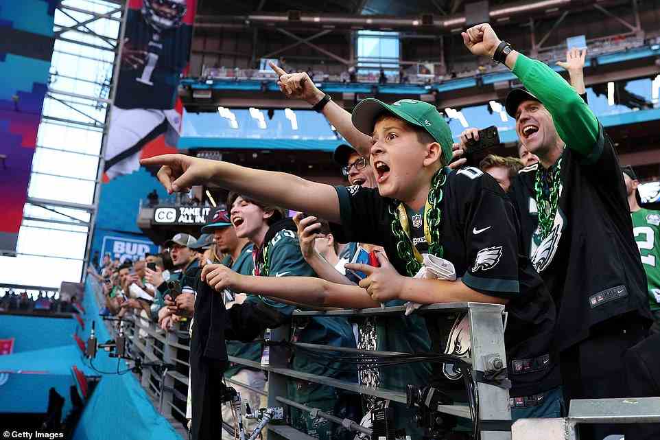 Philadelphia Eagles fans cheer before Super Bowl LVII between the Kansas City Chiefs and the Philadelphia Eagles at State Farm Stadium on Sunday