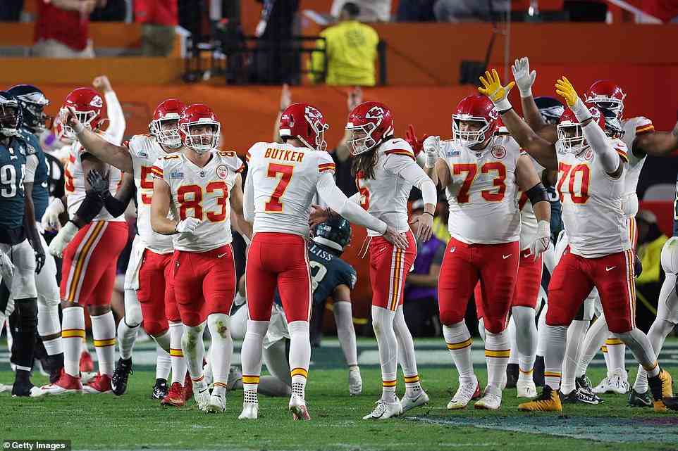 Butker (No. 7) of the Kansas City Chiefs celebrates after kicking the Super Bowl-winning field goal with eight seconds left