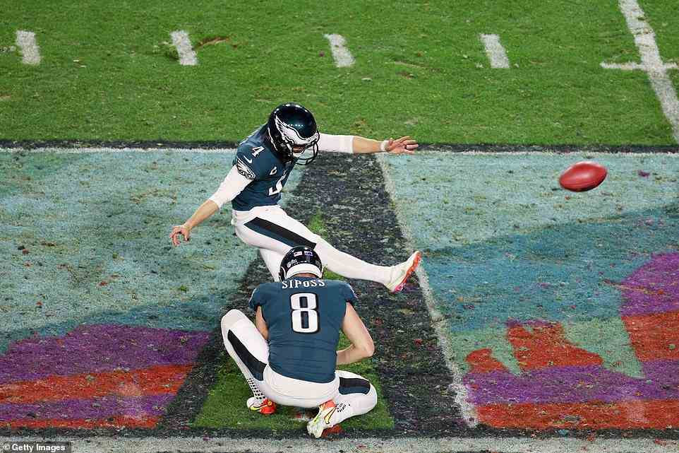Jake Elliott #4 of the Philadelphia Eagles kicks a field goal to put his team 27-21 up in the third quarter of Super Bowl LVII