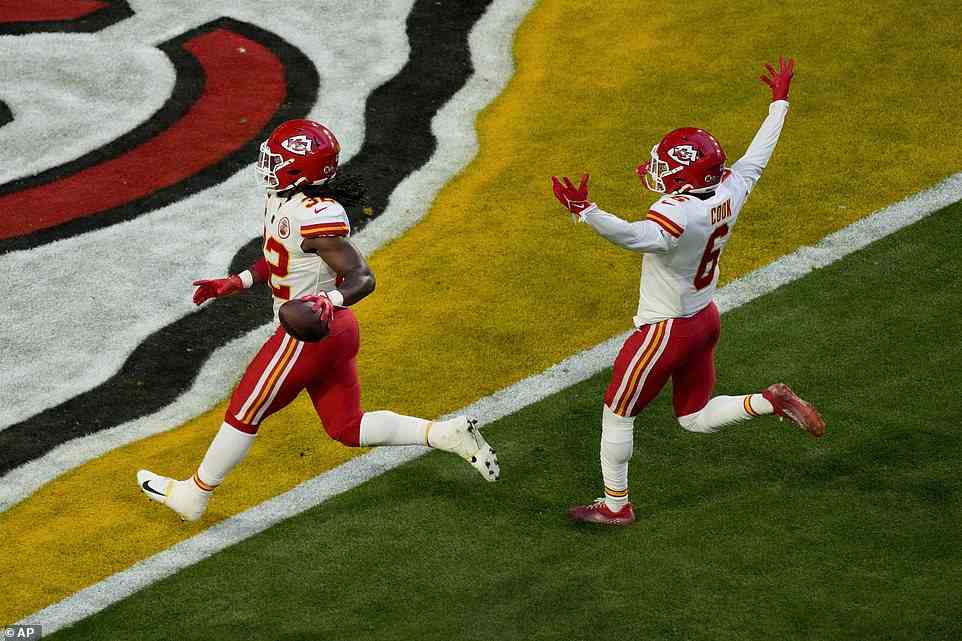 Bolton runs into the end zone for a touchdown in the first half of Super Bowl LVII as the Eagles and Chiefs thrilled in Arizona