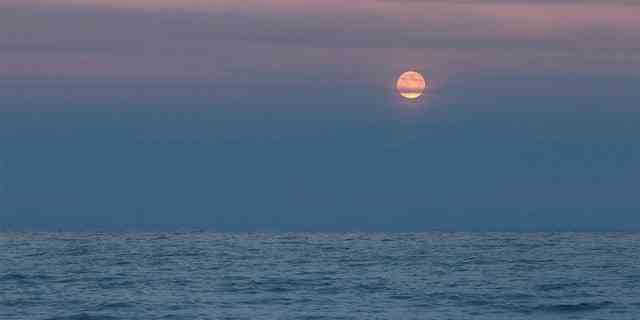 Am späten Abend Mond über dem Lake Huron, Lake Huron, Michigan. 