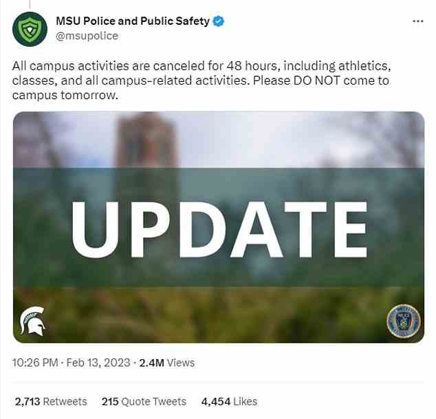 Die Polizei des Staates Michigan veröffentlichte das Update, dass die Campus-Aktivitäten abgesagt würden
