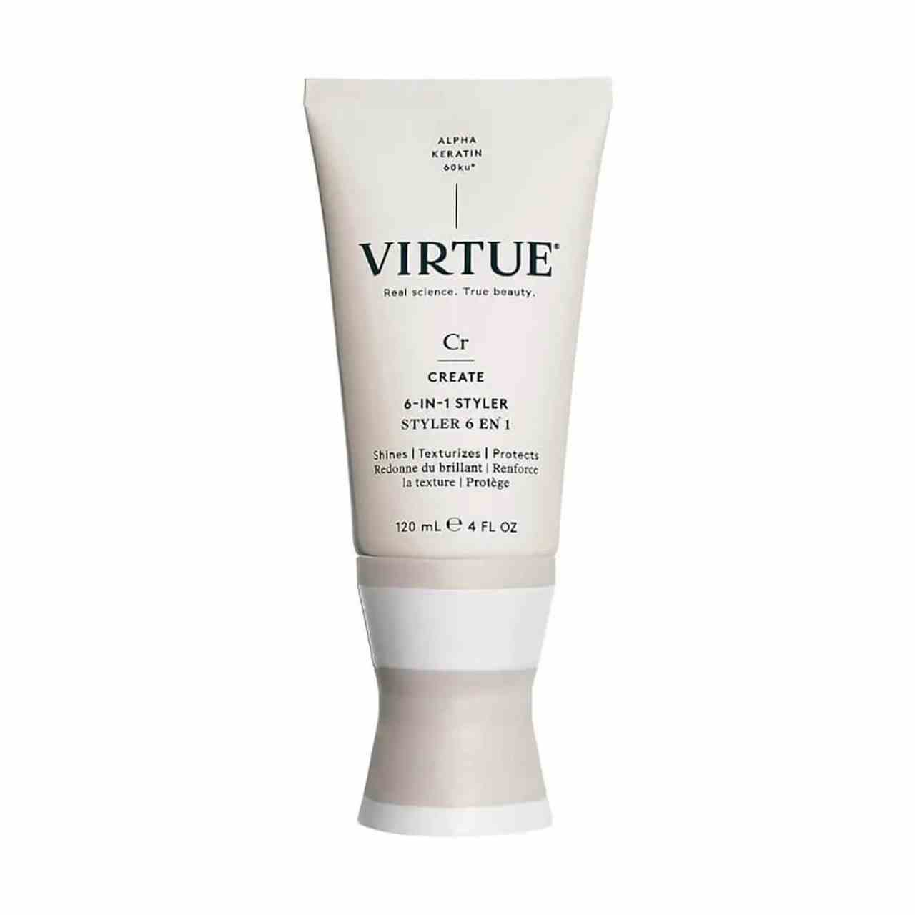 Virtue One for All 6-in-1 Styler Cremebeige Tube mit sanduhrförmiger Kappe auf weißem Hintergrund