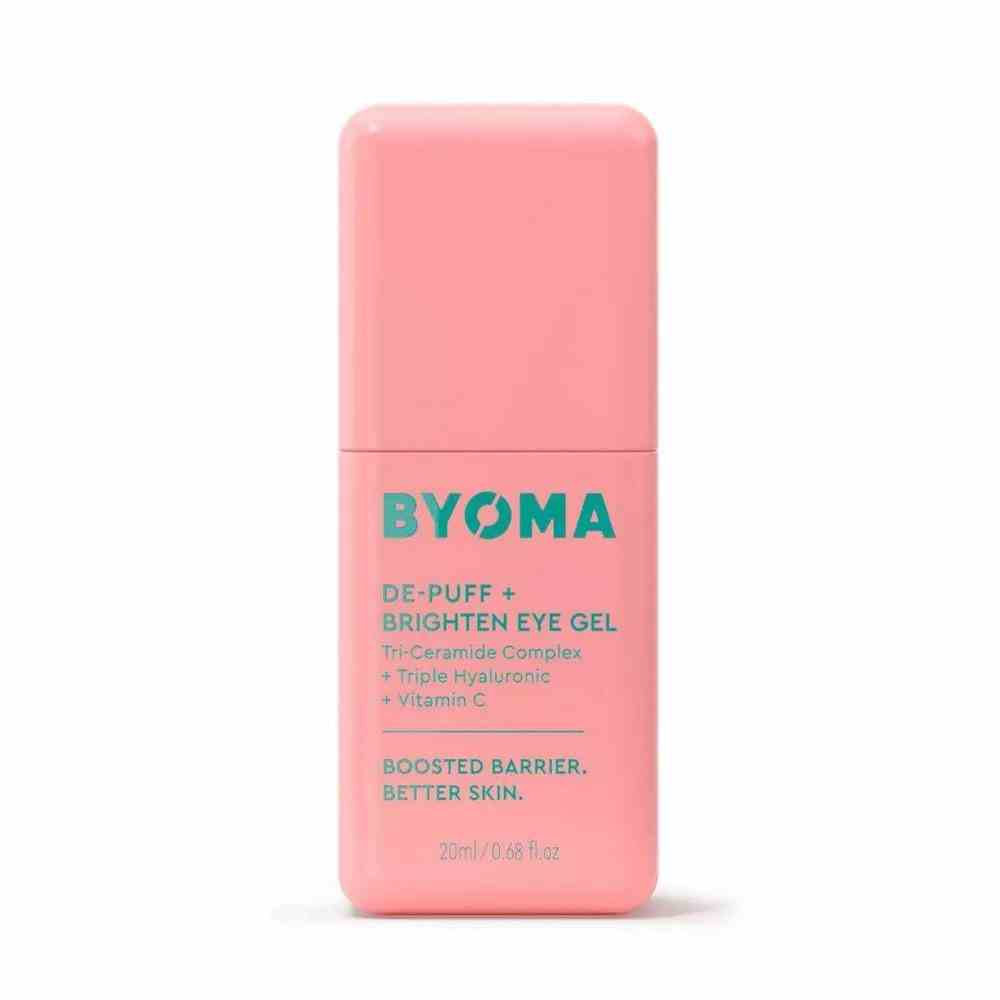 Byoma De-Puff & Brighten Eye Gel abgerundete korallenrosa rechteckige Flasche auf weißem Hintergrund