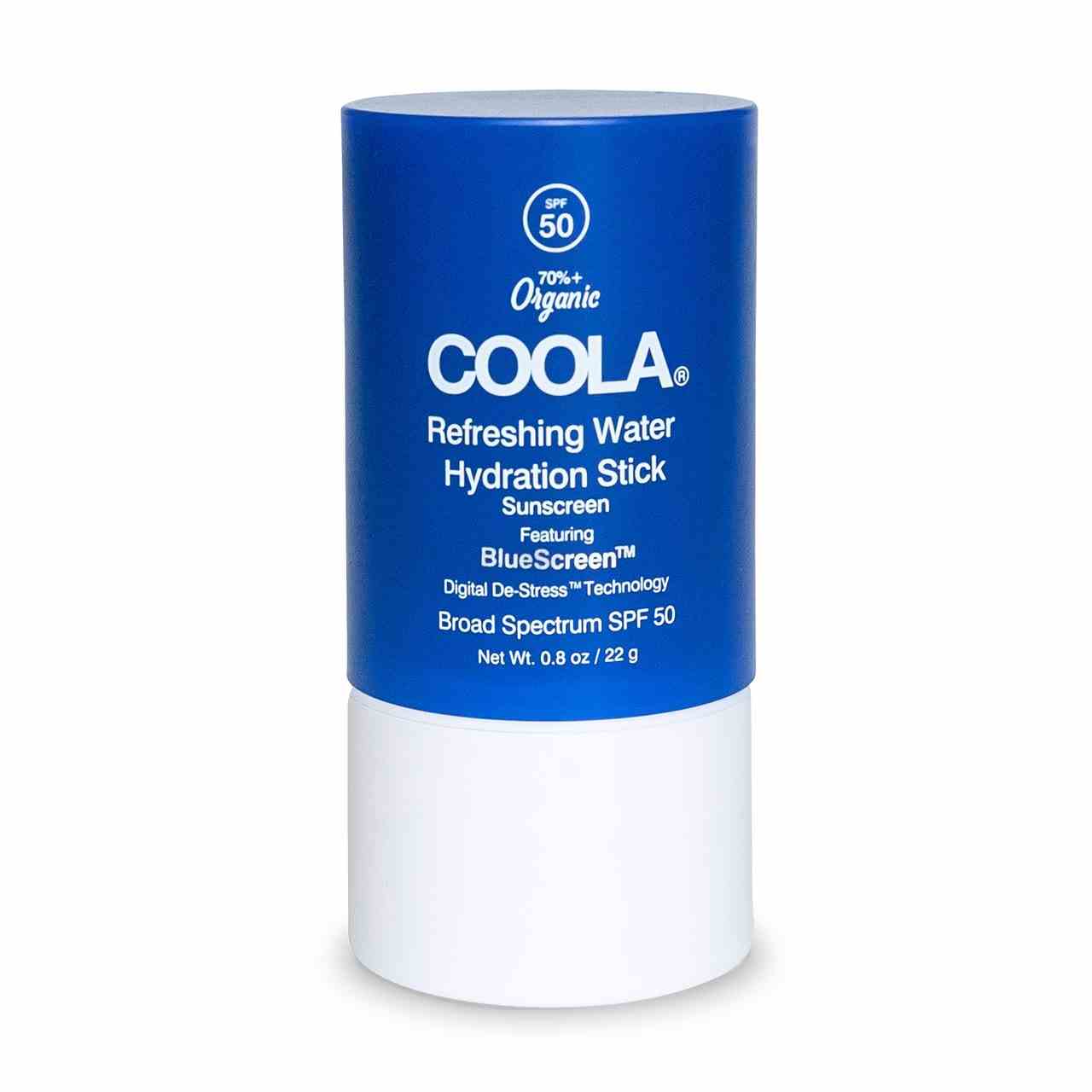 Coola Refreshing Water Stick SPF 50 Drehstift mit blauer Kappe auf weißem Hintergrund