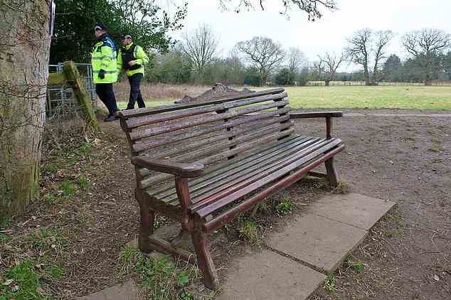It comes as fishermen have claimed Lancashire Police only contacted them this week to ask if any anglers were on the River Wyre on January 27. Pictured: The bench where Ms Bulley's mobile phone was found as well as her dog Willow's lead