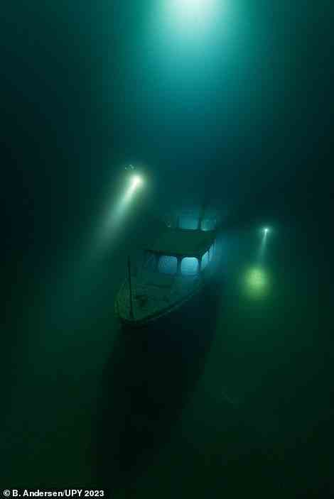 Danish photographer Rene B Andersen snared this eerie picture of the 'Mahusan' wreck - a vessel that was deliberately sunk to a depth of 50m (164ft) as a diving attraction - in lake Kreidesee in northern Germany. Divers' lights can be seen around the sunken vessel. The picture is third in the 'Wrecks' category