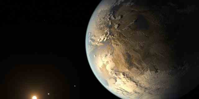 Das Konzept dieses Künstlers wurde am 30. Oktober 2018 mit freundlicher Genehmigung von NASA/Ames/JPL-Caltech/T erhalten.  Pyle zeigt Kepler-186f, den ersten erdgroßen Planeten in der bewohnbaren Zone. 