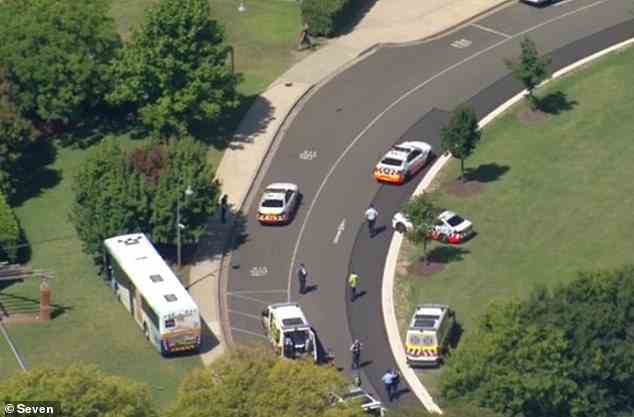 Bilder zeigen, dass der Bus in der Macarthur Anglican School im Südwesten von Sydney einen Fußweg überquert und einen Baum getroffen zu haben scheint (im Bild).