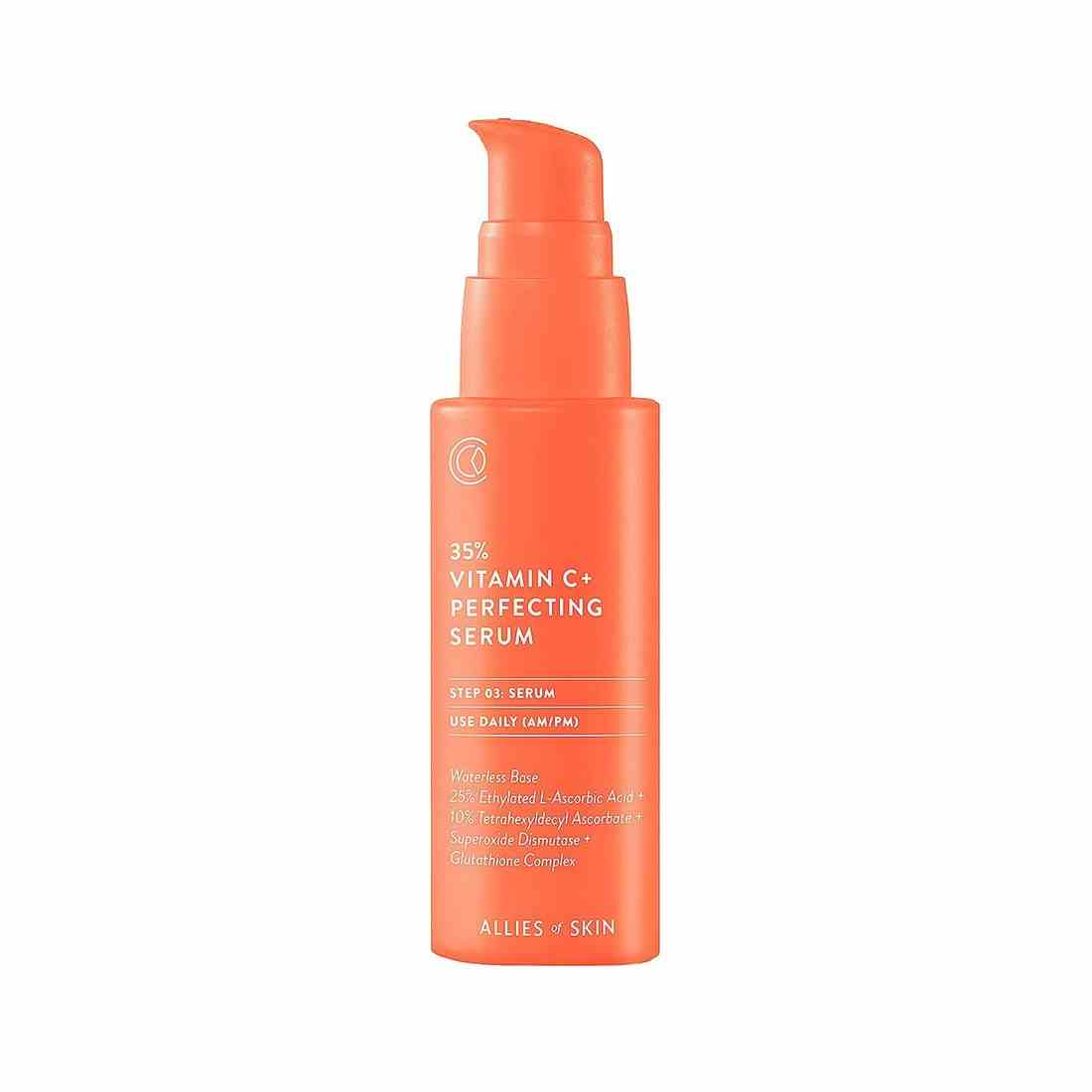 Allies of Skin 35 % Vitamin C Perfecting Serum Orange Flasche Serum mit Pumpverschluss auf weißem Hintergrund