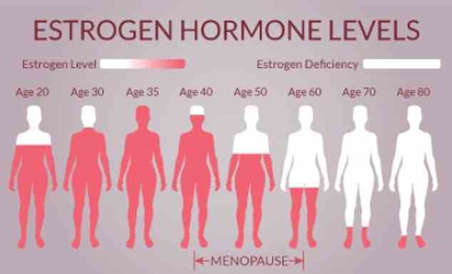 Die Menopause markiert den Punkt, an dem eine Frau 12 Monate hintereinander keine Periode mehr hatte.  Es ist ein normaler Teil des Alterns und tritt auf, weil die Eierstöcke aufhören, Eier zu produzieren, was bedeutet, dass eine Frau nicht mehr auf natürliche Weise schwanger werden kann.  Infolgedessen sinkt der Spiegel der von den Eierstöcken produzierten Hormone Östrogen (in der Grafik dargestellt), Progesteron und Testosteron
