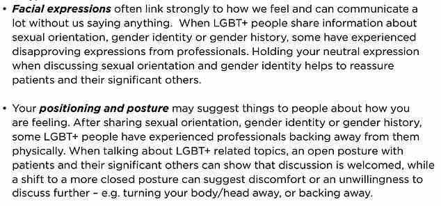 Die Mitarbeiter werden auch aufgefordert, auf ihre Gesichtsausdrücke und Körpersprache zu achten, wenn LGBT+-Personen Informationen über sich selbst teilen